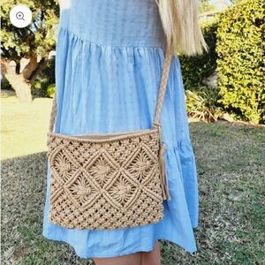 Boutique Bohemian Taupe Macramé Crossbody Bag Braided Strap Woven Crochet Boho